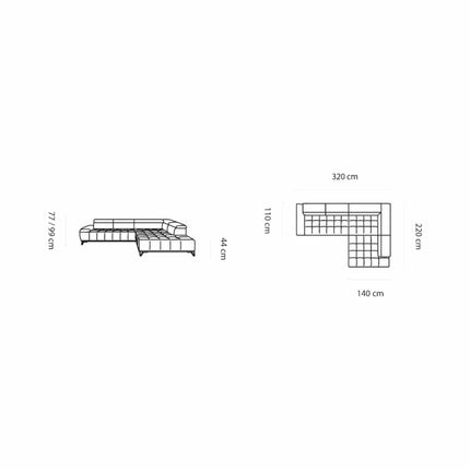 Coltar PALLADIO L, sezlong stanga, stofa catifelata crem - Salvador 01, cu reglaj electric si tetiere reglabile, 320x220x99 cm
