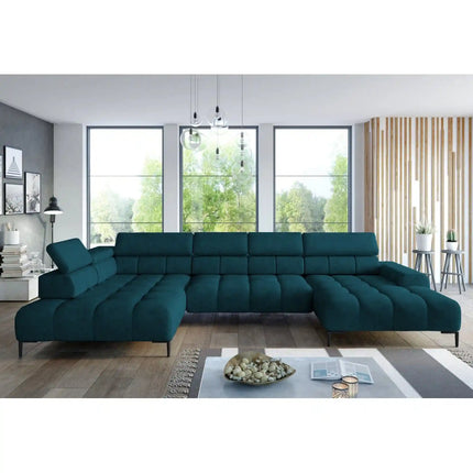 Coltar PLAZA XL, sezlong stanga, stofa catifelata gri inchis - Salvador 15, cu reglaj electric si tetiere reglabile, 385x216x99 cm