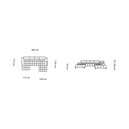Coltar PLAZA XL, sezlong stanga, stofa catifelata gri inchis - Salvador 15, cu reglaj electric si tetiere reglabile, 385x216x99 cm