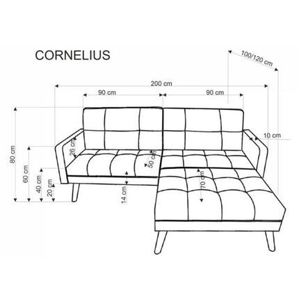 Canapea extensibila CORNELIUS, albastru/negru, stofa clasica/lemn, cu taburet, 200x153/167x80 cm