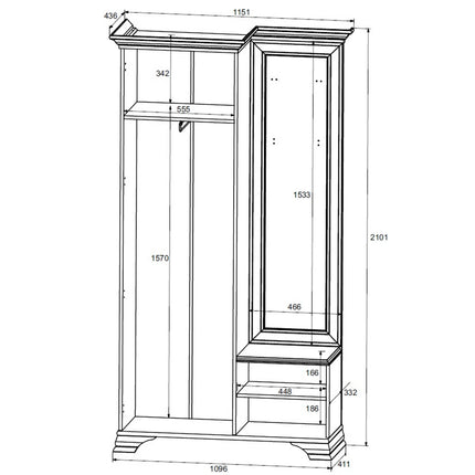 Cuier IDENTO, alb, PAL, cu oglinda pe partea dreapta, 115x41x210 cm