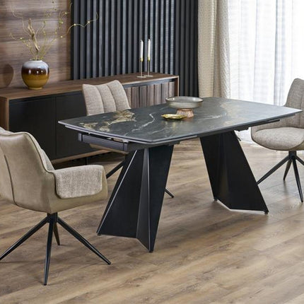 Masa extensibila ARMANI, negru cu efect de marmura/negru, piatra sinterizata/otel, 165-241x90x77 cm