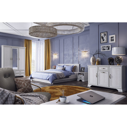 Set dormitor Tiffany (Tiffy) 1, woodline crem, format din pat 160, 2 noptiere, dulap pentru haine, comoda si masuta
