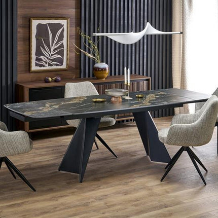 Masa extensibila ARMANI, negru cu efect de marmura/negru, piatra sinterizata/otel, 165-241x90x77 cm