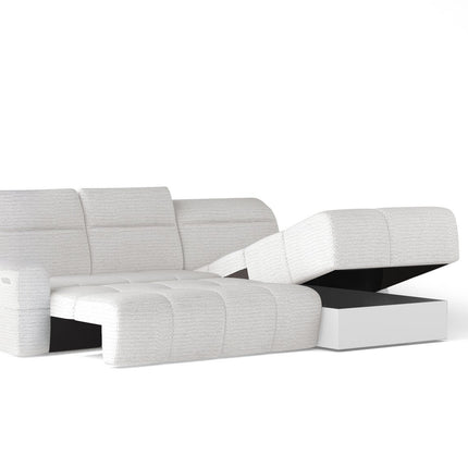 Coltar extensibil MATEO S, personalizabil, cu lada depozitare si tetiere reglabile, 273x183x99 cm