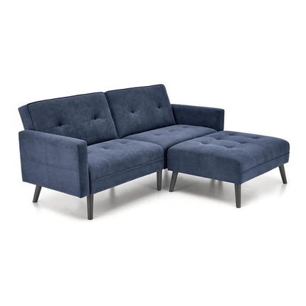 Canapea extensibila CORNELIUS, albastru/negru, stofa clasica/lemn, cu taburet, 200x153/167x80 cm