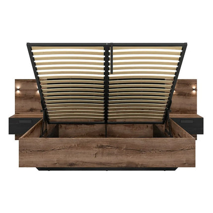 Pat KASSEL 160x200, nuc/negru, PAL/piele ecologica, cu somiera, spatiu depozitare, iluminare LED si 2 noptiere integrate