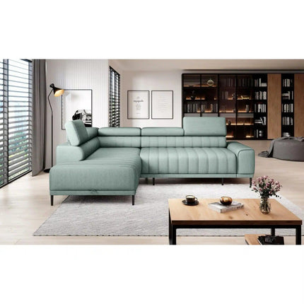 Coltar extensibil CALDO L, sezlong stanga, stofa catifelata verde inchis - Terra 75, cu lada depozitare si tetiere reglabile,  268x200x99 cm