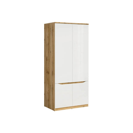 Dulap 90 NUIS, alb lucios/stejar wotan, PAL laminat, cu 4 usi, 90x58x198 cm