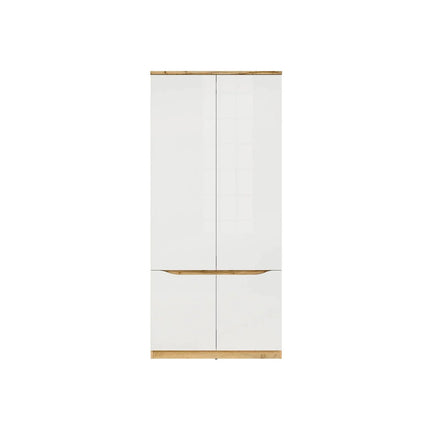 Dulap 90 NUIS, alb lucios/stejar wotan, PAL laminat, cu 4 usi, 90x58x198 cm