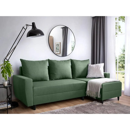 Coltar extensibil MALIN, universal, stofa clasica verde - Neve 34, cu lada depozitare, 230x136x98 cm