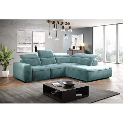 Coltar COLOMBO L, sezlong dreapta, stofa catifelata rosu bordo - Crown 06, cu reglaj electric, tetiere reglabile si lada depozitare, 296x227x103 cm