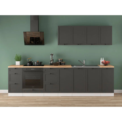 Set bucatarie JUNONA LINE, gri grafit/alb, PAL, 300 cm, cu blat stejar artisan