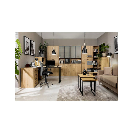 Vitrina SPACE OFFICE, stejar artisan/negru fumuriu, PAL laminat/sticla, cu 2 usi si 3 rafturi, 80x38x203 cm