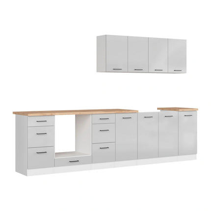 Set bucatarie JUNONA LINE, gri deschis/alb, PAL, 300 cm, cu blat stejar artisan