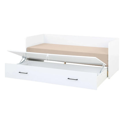 Pat TETRIX 80/160x200, alb/bej, PAL/stofa, cu saltea extensibila si spatiu depozitare