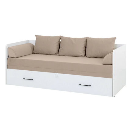 Pat TETRIX 80/160x200, alb/bej, PAL/stofa, cu saltea extensibila si spatiu depozitare