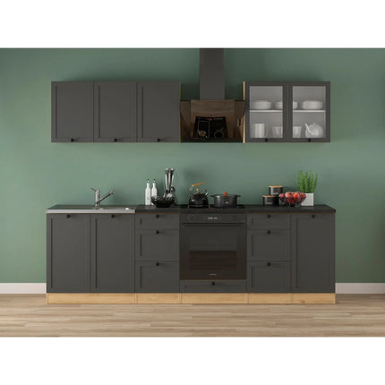 Set bucatarie JUNONA LINE, gri grafit/stejar, PAL, 260 cm, cu blat negru