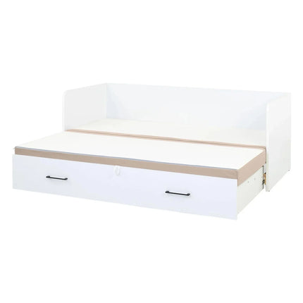 Pat TETRIX 80/160x200, alb/bej, PAL/stofa, cu saltea extensibila si spatiu depozitare