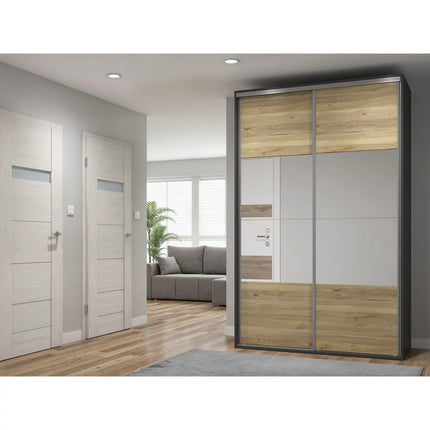 Dulap FLEX, gri grafit/stejar, cu 2 usi si 2 oglinzi, 150x66x240 cm