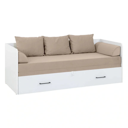 Pat TETRIX 80/160x200, alb/bej, PAL/stofa, cu saltea extensibila si spatiu depozitare