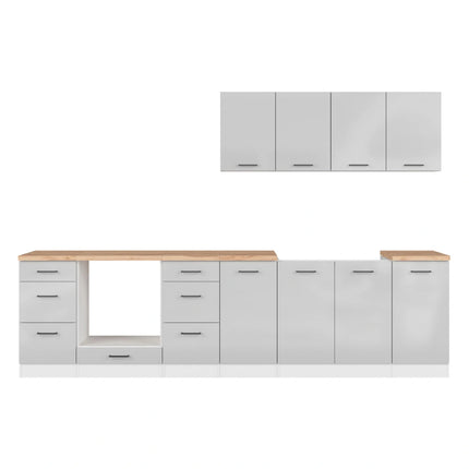Set bucatarie JUNONA LINE, gri deschis/alb, PAL, 300 cm, cu blat stejar artisan