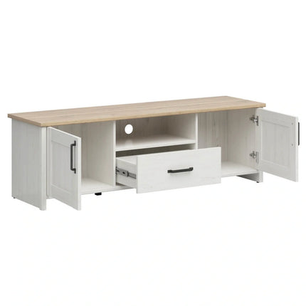 Comoda TV LOKSA, alb/stejar, PAL laminat, 160x44x51 cm