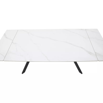 Masa extensibila IMPERIA, alb mat cu efect de marmura/negru, ceramica/metal, 180/240x90x76 cm