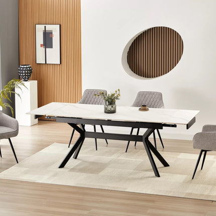 Masa extensibila IMPERIA, alb mat cu efect de marmura/negru, ceramica/metal, 180/240x90x76 cm