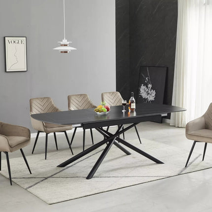 Masa extensibila VECTOR, negru mat cu efect de marmura, ceramica/metal, 180/220x90x76 cm