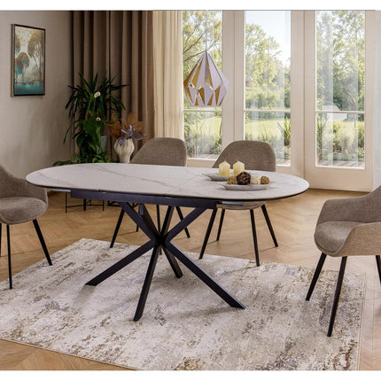 Masa extensibila GASTON, alb mat cu efect de marmura, ceramica/metal, 140/180x80x76 cm