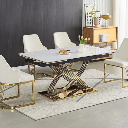 Masa extensibila HERMES II, alb cu efect de marmura/auriu, ceramica/metal, 160/240x90x75 cm