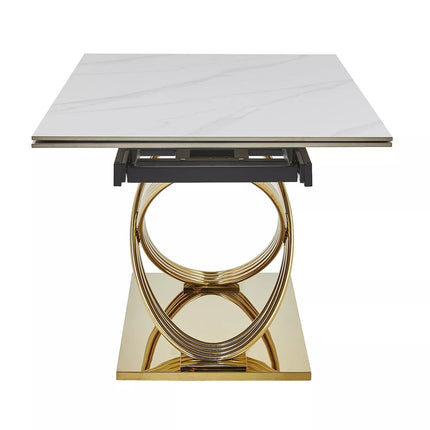 Masa extensibila HERMES II, alb cu efect de marmura/auriu, ceramica/metal, 160/240x90x75 cm