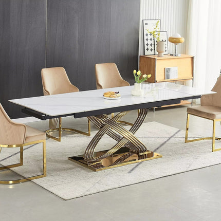 Masa extensibila HERMES II, alb cu efect de marmura/auriu, ceramica/metal, 160/240x90x75 cm