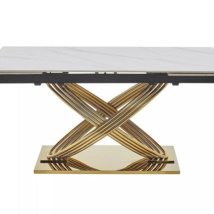 Masa extensibila HERMES II, alb cu efect de marmura/auriu, ceramica/metal, 160/240x90x75 cm