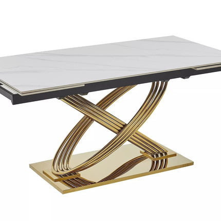 Masa extensibila HERMES II, alb cu efect de marmura/auriu, ceramica/metal, 160/240x90x75 cm