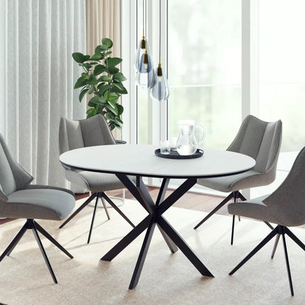 Masa extensibila GASTON, alb mat cu efect de marmura, ceramica/metal, 100/135x100x76 cm