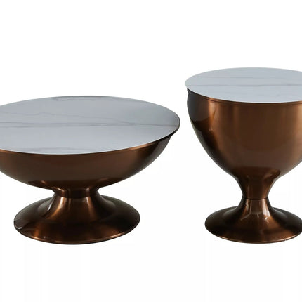 Set 2 masute cafea SALSA, alb cu efect de marmura/cupru, ceramica/metal