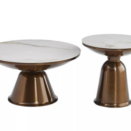 Set 2 masute cafea VERA, alb cu efect de marmura/cupru, ceramica/metal