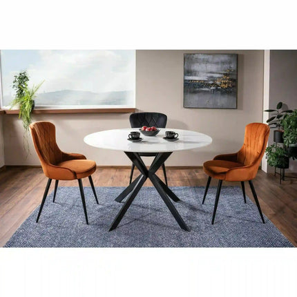 Masa rotunda TALIA, alb lucios/negru mat, ceramica/metal, 90x75 cm