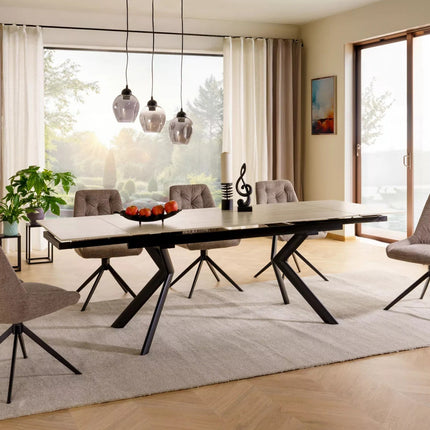 Masa extensibila NORTON, piatra travertin/negru, ceramica/metal, 160/240x90x75 cm