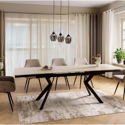 Masa extensibila NORTON, piatra travertin/negru, ceramica/metal, 160/240x90x75 cm