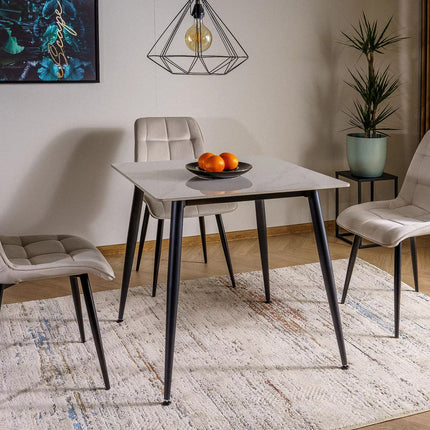 Masa RION, alb cu efect de marmura/negru, ceramica/metal, 80x80x76 cm