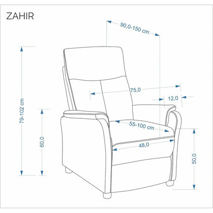 Fotoliu rabatabil ZAHIR, stofa clasica gri, 75x90/150x102/79 cm