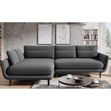 Coltar SOLANO, sezlong stanga, stofa catifelata gri - Palladium 16, 260x167x83 cm, extensibil, lada depozitare, tetiere reglabile