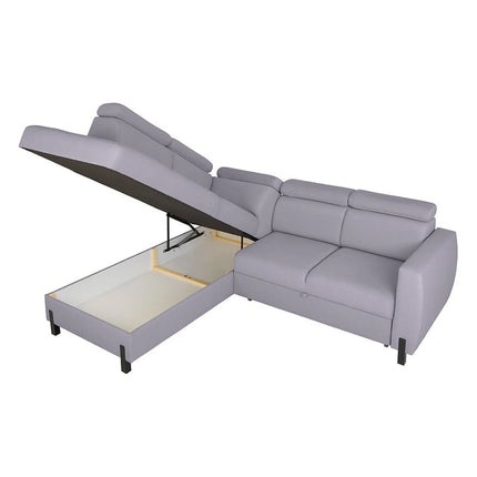 Coltar extensibil TULIO, sezlong stanga, stofa catifelata gri - Maya 19, cu lada depozitare, 245x215x92 cm