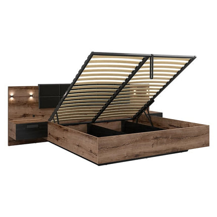 Pat KASSEL 160x200, nuc/negru, PAL/piele ecologica, cu somiera, spatiu depozitare, iluminare LED si 2 noptiere integrate