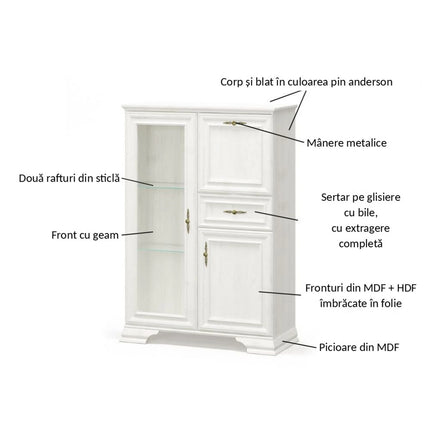 Vitrina IRYS, pin alb anderson, PAL laminat, 93x39x133 cm