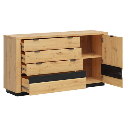 Comoda OSTIA, stejar artizanal/negru, PAL, cu iluminare LED, 161x42x85 cm
