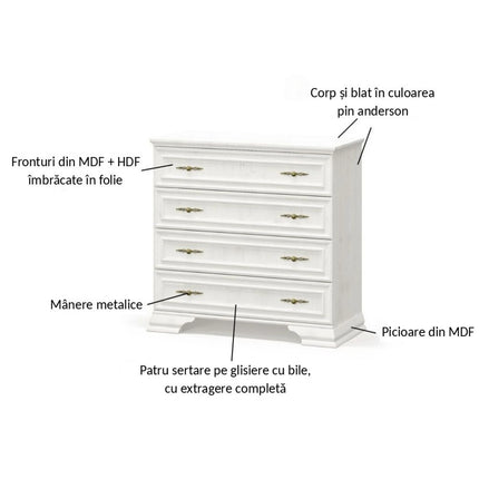Comoda IRYS, pin alb anderson, PAL laminat, cu 4 sertare, 93x39x89 cm